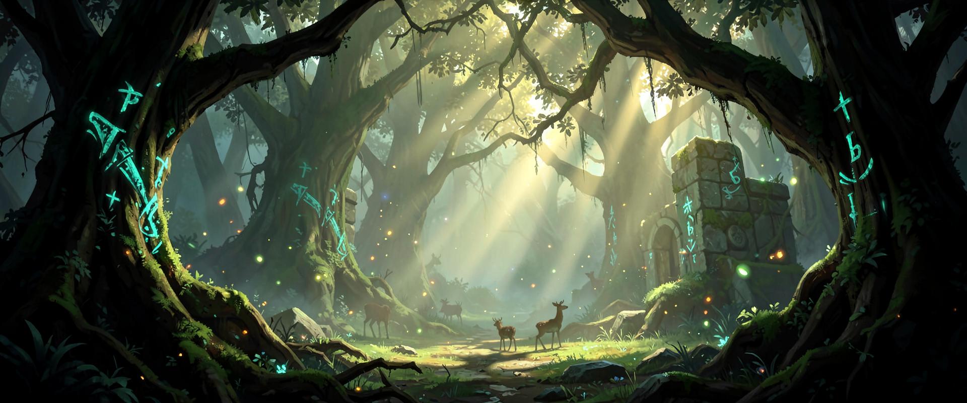 Ancient rune-lit forest clearing with drifting motes of light